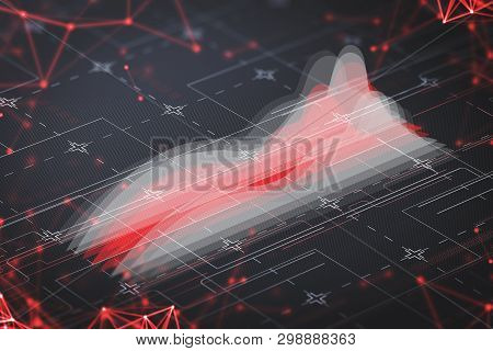 Glowing Graph On Circuit Board With Double Exposure Of Network Hologram. Concept Of Trading And Digi