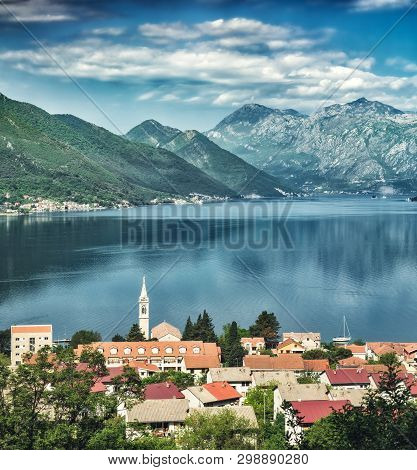 Panorama Of Dobrota Town In Boka Kotor Bay. Fjords Of Adriatic Sea, Montenegro.