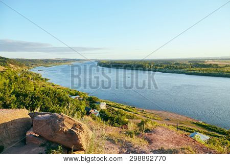 View Of The White River On A Sunny Summer Evening, Republic Of Bashkortostan, Russia