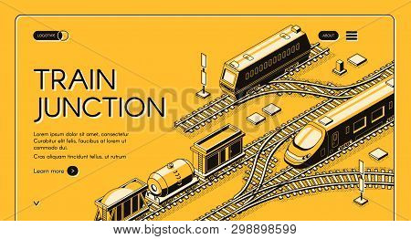 Railway Transport Company Isometric Web Banner Or Landing Page Template With Freight Diesel And Elec
