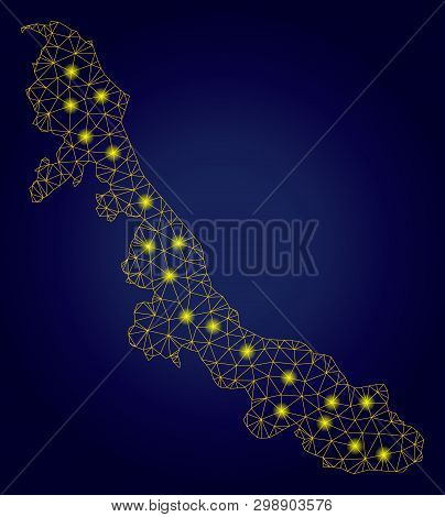 Yellow Mesh Vector Veracruz State Map With Glare Effect On A Dark Blue Gradiented Background. Abstra