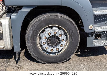 Samara, Russia - May 1, 2019: Close Up View Of Man Truck Wheel With Michelin Tire