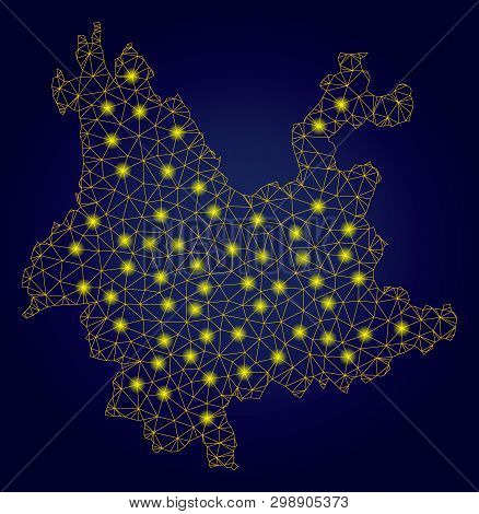 Yellow Mesh Vector Yunnan Province Map With Glitter Effect On A Dark Blue Gradiented Background. Abs