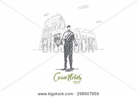 Italy, Country, Pizza, Colosseum, Rome Concept. Hand Drawn Italian Man With Pizza, Colosseum On Back