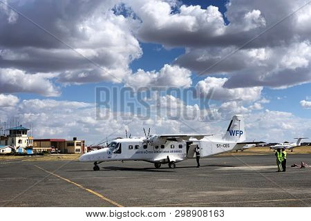 Nairobi, Kenya - 21 February 2019: United Nationas Humanitarian Aid plane prepares for takeoff from Wilson Airport, Nairobi, Kenya.