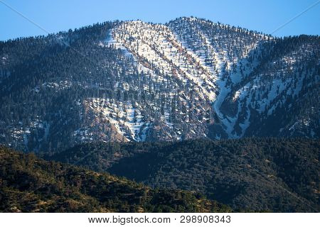 Snow Covered Mountain With Pine Forests Taken At Mt Badden Powell In The Rural San Gabriel Mountains