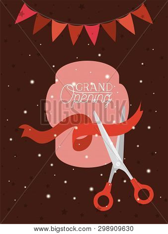 Grand Opening Frame With Scissorscuting Ribbon And Garlands Vector Illustration
