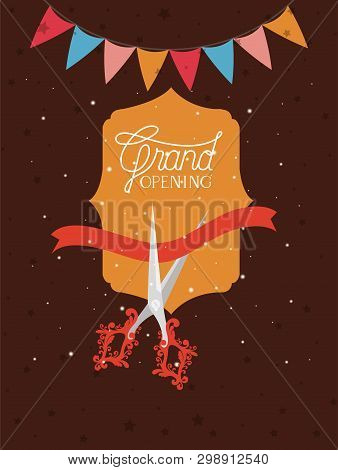 Grand Opening Frame With Scissorscuting Ribbon And Garlands Vector Illustration