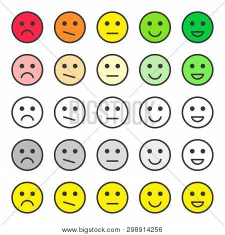Set Faces Scale Feedback. Customer Service Quality Review. Ratings Emoticons. Vector. Isolated On Wh