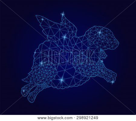 Beautiful Low Poly Illustration With Flying Sheep Shiny Starry Silhouette On Darkbackground