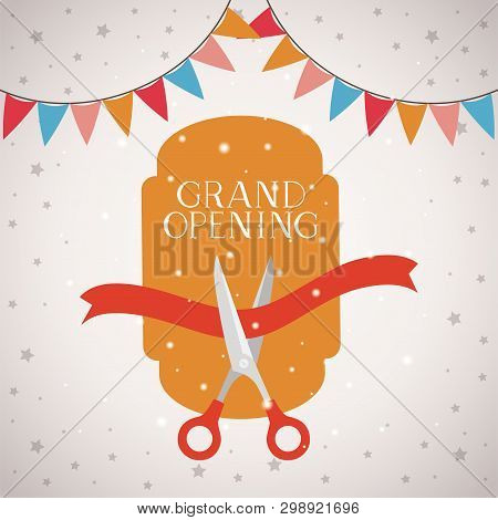 Grand Opening Frame With Scissorscuting Ribbon And Garlands Vector Illustration