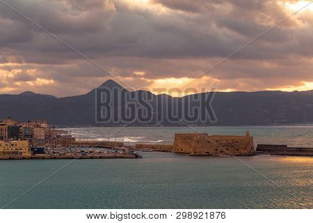 Heraklion Old Port View Of Venetian Fort Mountains Sunset City View Crete Greece