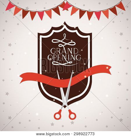 Grand Opening Frame With Scissorscuting Ribbon And Garlands Vector Illustration
