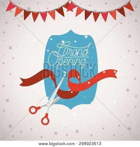Grand Opening Frame With Scissorscuting Ribbon And Garlands Vector Illustration