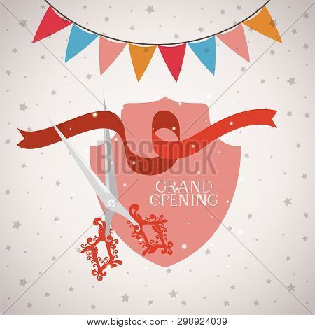 Grand Opening Frame With Scissorscuting Ribbon And Garlands Vector Illustration