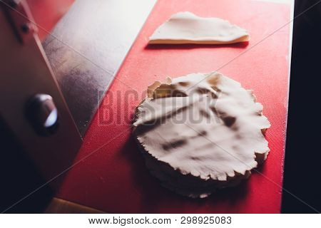 Chef Making Dough Pastry Sheeter Bakery Baker Forming Shaping Dough Rolled Pastry Metal Work Table C