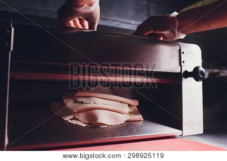 Chef Making Dough Pastry Sheeter Bakery Baker Forming Shaping Dough Rolled Pastry Metal Work Table C