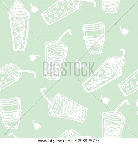 Pattern Of Many Glass Of Juse, Coffe, Tee And Other Drinks. Bright Doodle Background In Fresh Pastel