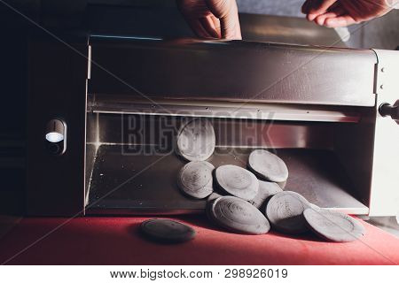 Chef Making Dough Pastry Sheeter Bakery Baker Forming Shaping Dough Rolled Pastry Metal Work Table C