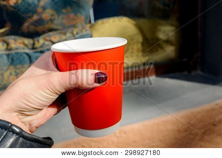 Beautiful Red Paper Cup With Latte In Spring