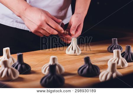 National Georgian Cuisine Khinkali Metal Background Cook Prepares Khinkali Kitchen Top View Raw Meat