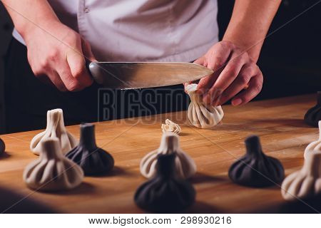 National Georgian Cuisine Khinkali Metal Background Cook Prepares Khinkali Kitchen Top View Raw Meat