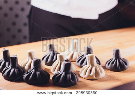 National Georgian Cuisine Khinkali Metal Background Cook Prepares Khinkali Kitchen Top View Raw Meat