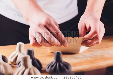 National Georgian Cuisine Khinkali Metal Background Cook Prepares Khinkali Kitchen Top View Raw Meat