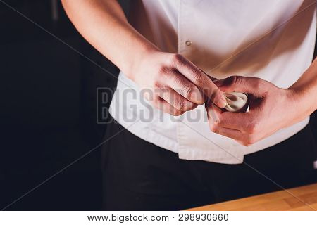 National Georgian Cuisine Khinkali Metal Background Cook Prepares Khinkali Kitchen Top View Raw Meat