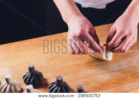 National Georgian Cuisine Khinkali Metal Background Cook Prepares Khinkali Kitchen Top View Raw Meat