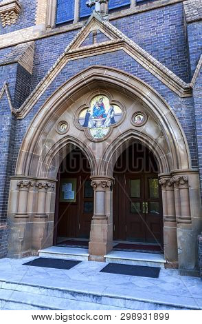 Armidale, Australia - April 10, 2019: Detail Of The Main Portal Of Saints Mary And Joseph, A Catholi