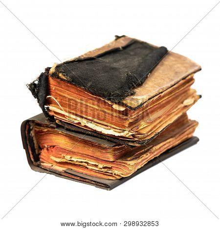 Two Aged Book Books Isolated On White Background With Clipping Path, An Angle