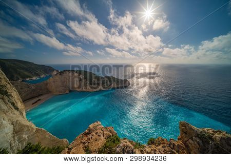 Panoramic Wide Angle View Of The Navagio Beach Or Shipwreck Beach On Late Afternoon Summerday. Zakyn