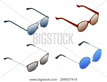 Isometric Set Of Sunglasses Isolated On White Background. Female And Male Sunglasses For Summer Holi