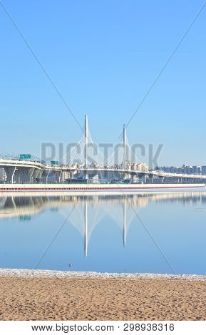 Gulf Of Finland And Cable Bridge Across The Petrovsky Fairway In Saint Petersburg, Russia. Part Of T
