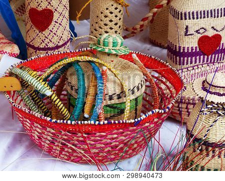 Various Wicker Souvenirs - Baskets, Dolls, Bottles, Vases, More - Made From Toquilla Straw, Vegetabl