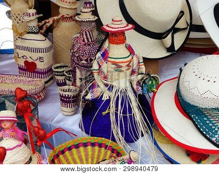 Various Wicker Souvenirs - Baskets, Dolls, Bottles, Vases, Hats And More - Made From Toquilla Straw,