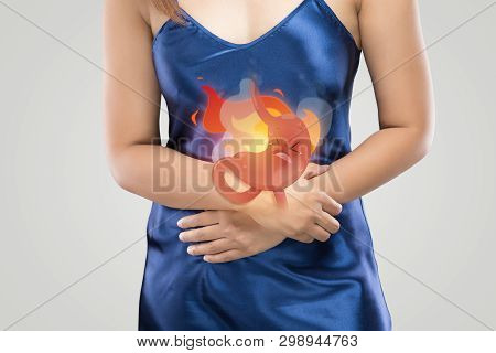 The Photo Of Cartoon Stomach On Woman's Body Against White Background, Acid Reflux Disease Symptoms 