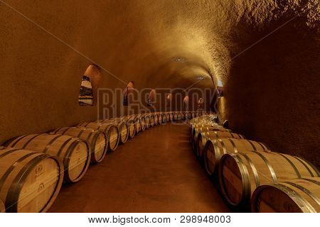 Napa, California - April 28, 2019: Underground Barrel Cave At Jarvis Estate. Due To The Invariant Te