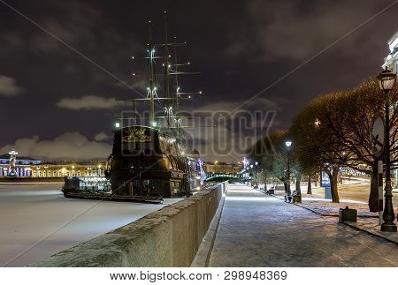 Russia, Saint Petersburg - January 03, 2017: Mytninskaya Quay. Floating Restaurant 