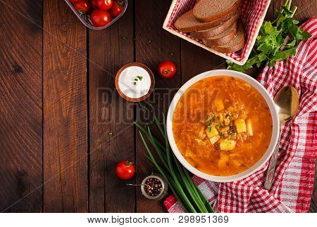 Traditional Russian Soup With Cabbage - Sauerkraut Soup - Shchi. Flat Lay. Top View
