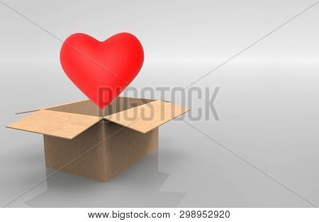 3d Rendering. A Red Heart Shape Object Eject From Opened  Paper Borwn Box On Copy Space Gray Backgro