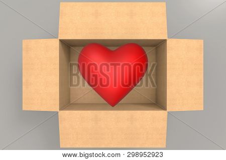 3d Rendering. Top View A Red Heart In Opened Paper Borwn Box On Copy Space Gray Background.