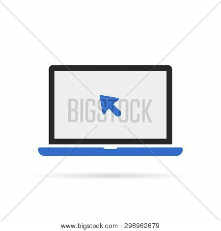 Blue Laptop Icon With Cursor. Concept Of Using A Mobile Computer Or Search Click Arrow For Website. 