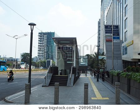 Jakarta, Indonesia - April 17, 2019: The Entrance Gate Of Bundaran Hi Mrt Station On Thamrin Street.