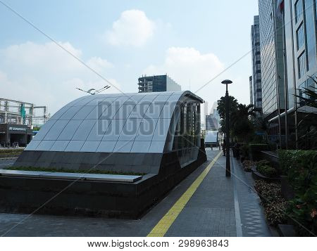 Jakarta, Indonesia - April 17, 2019: The Entrance Gate Of Bundaran Hi Mrt Station On Thamrin Street.