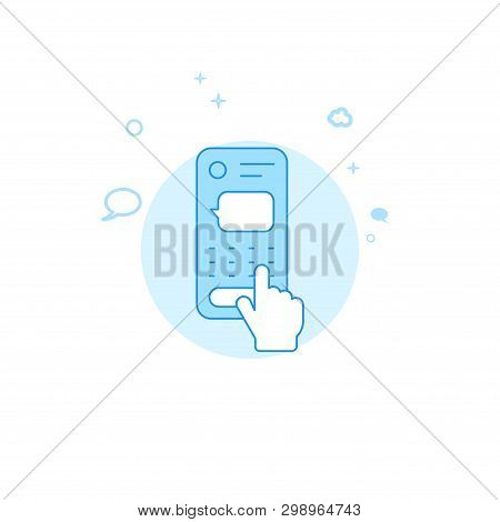 Finger Typing A Text Message On Smartphone Flat Vector Icon. Dialogue And Communication Illustration