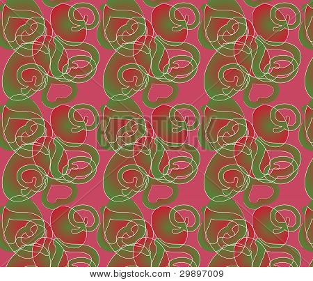 Abstract floral pattern in green and dark rose colours