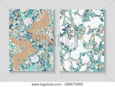 Fluid Paint Marble Vector Background Set. Terrazzo Stone Textured Organic Cover. Granite, Pebble Bor
