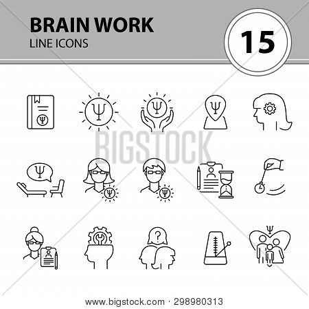Brain Work Line Icon Set. Human Head, Gear, Psychologist Office. Psychology Concept. Can Be Used For